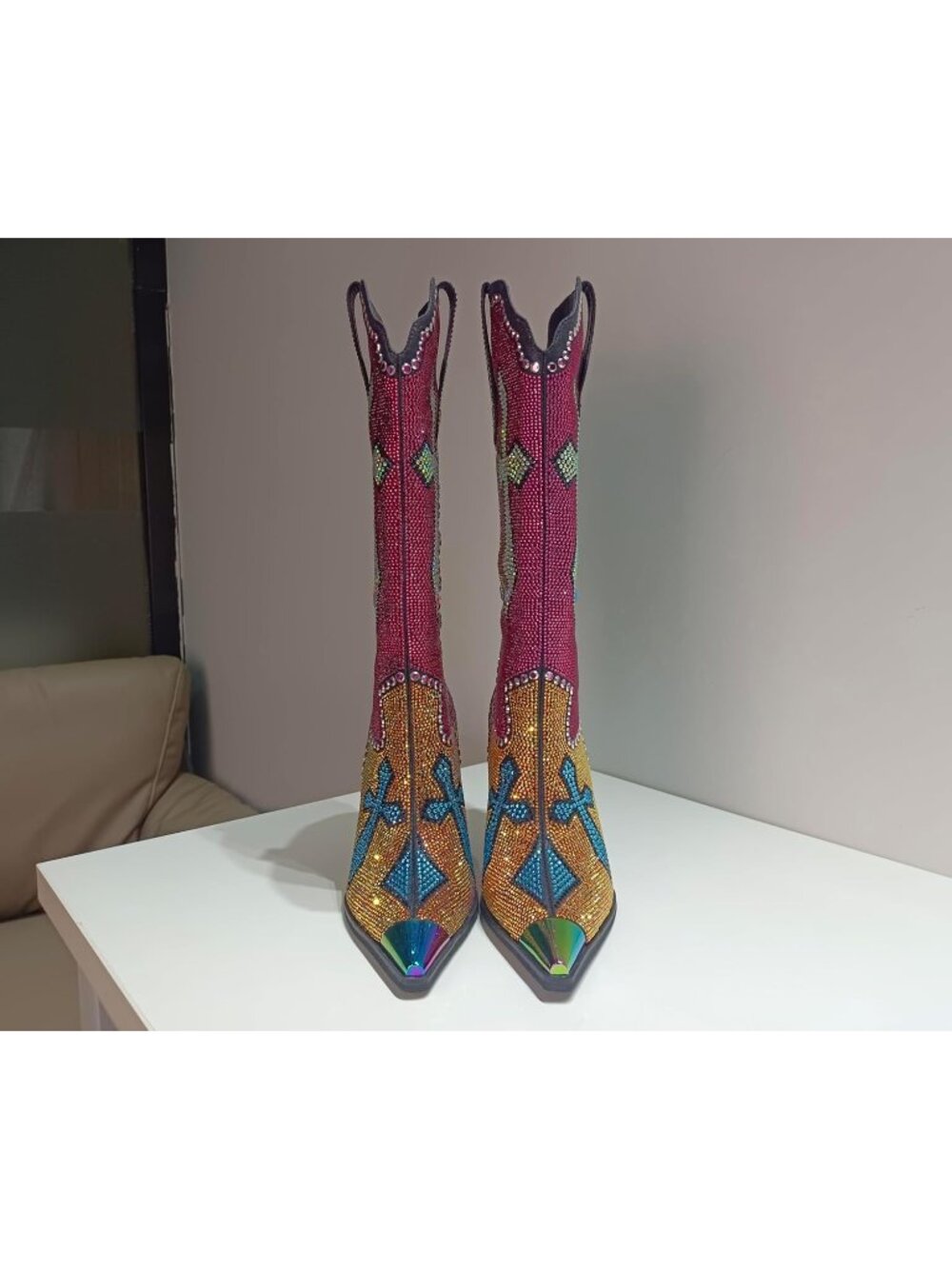 Women's Multi Rhinestone Cross Western Pointed Toe Knee High Cowboy Boots - Picture 6 of 6